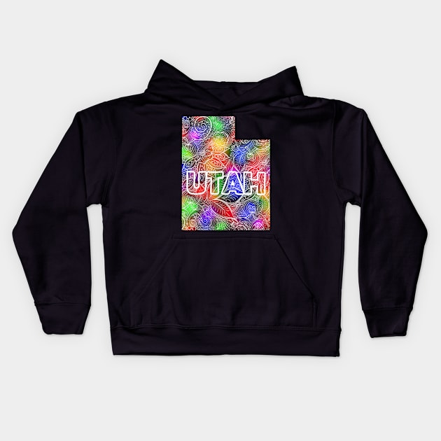 Colorful mandala art map of Utah with text in multicolor pattern Kids Hoodie by Happy Citizen